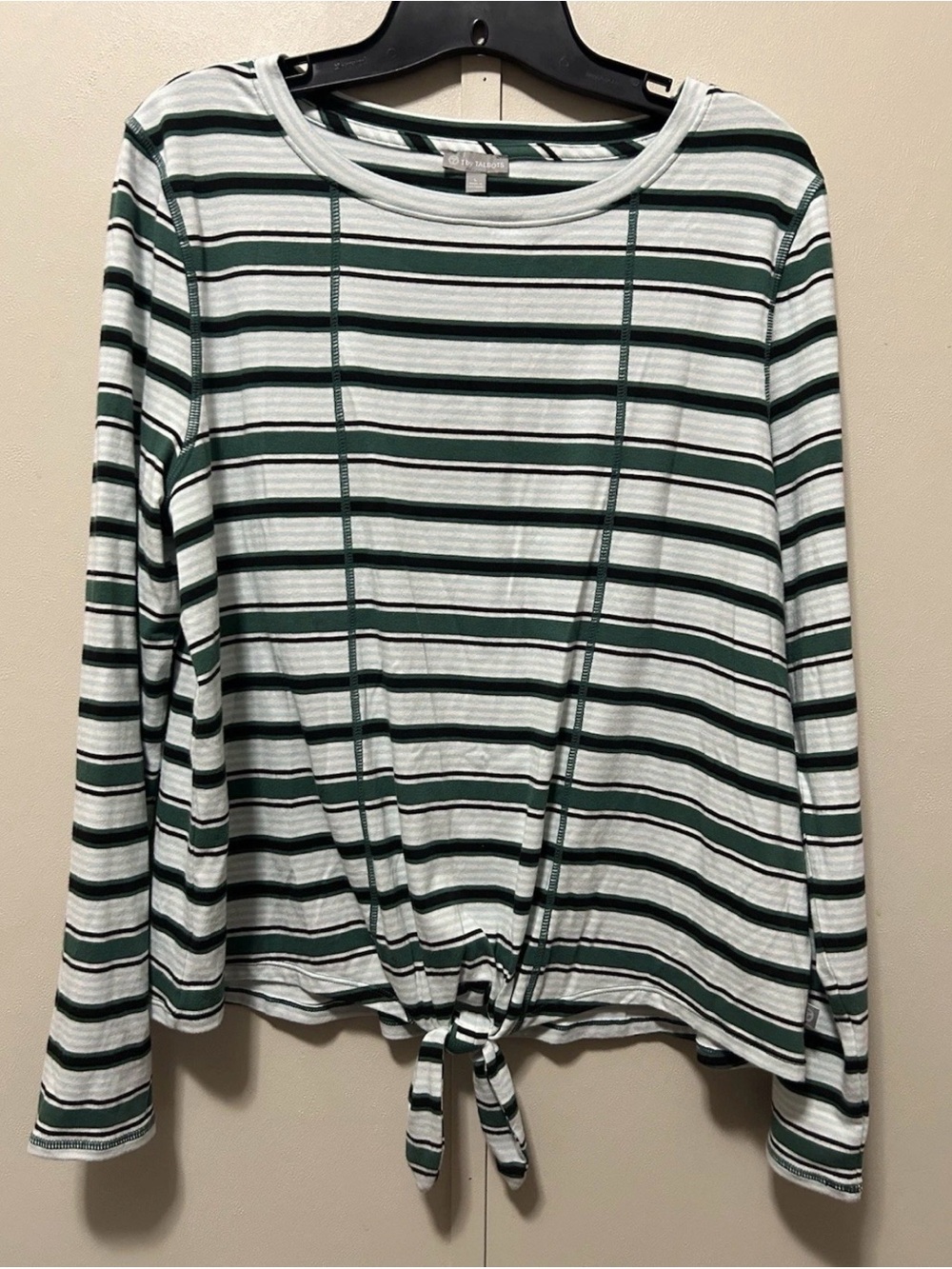 T by Talbots Striped Tie-Hem Long Sleeve Top in Green and White
